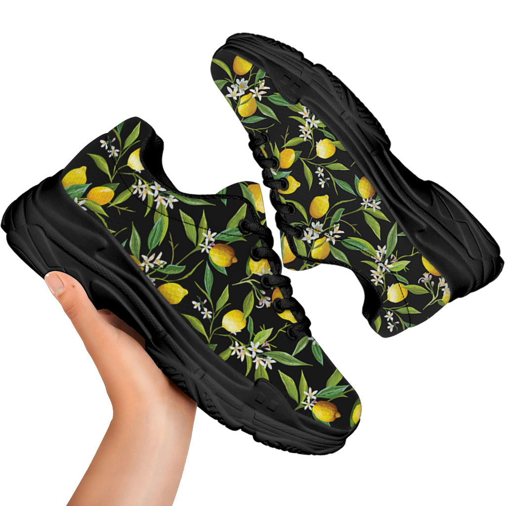 Lemon And Flower Pattern Print Black Chunky Shoes