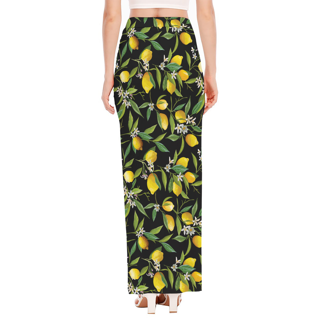 Lemon And Flower Pattern Print High Slit Maxi Skirt