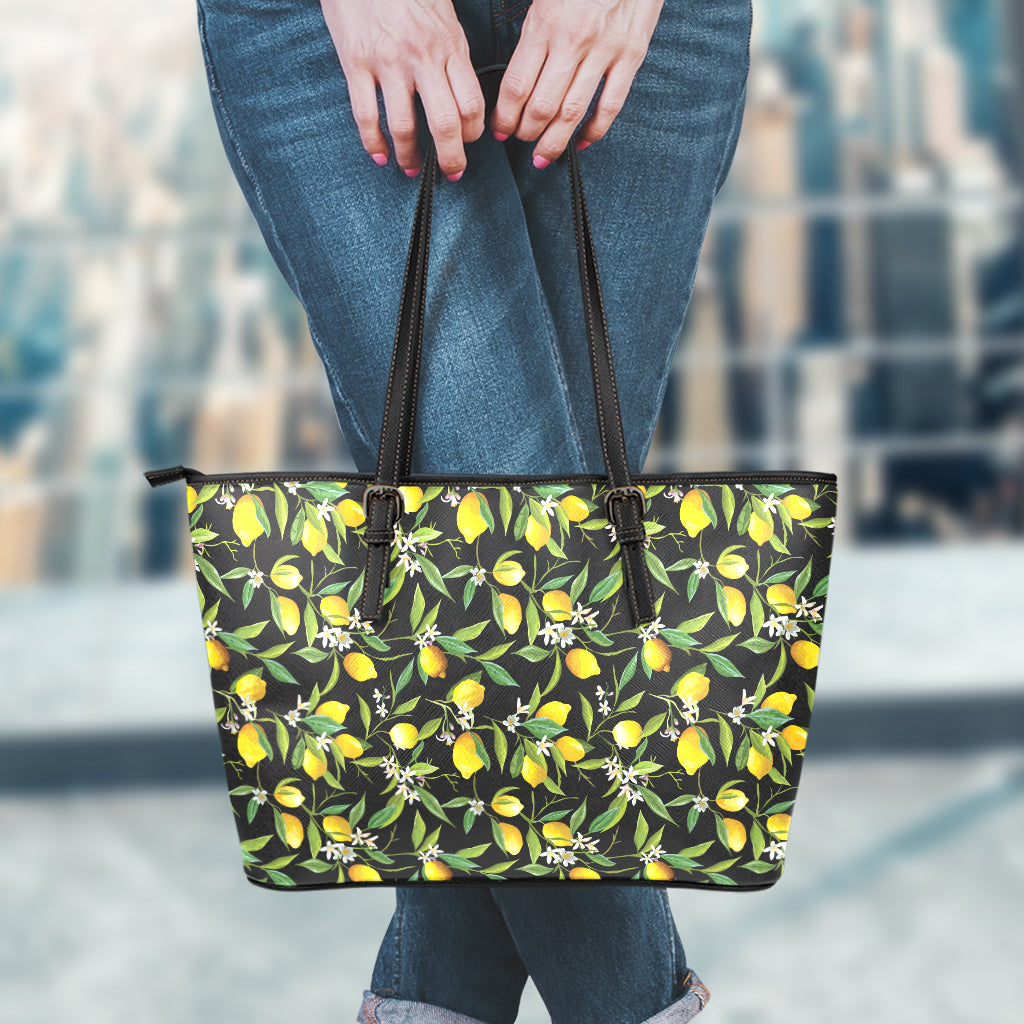 Lemon And Flower Pattern Print Leather Tote Bag