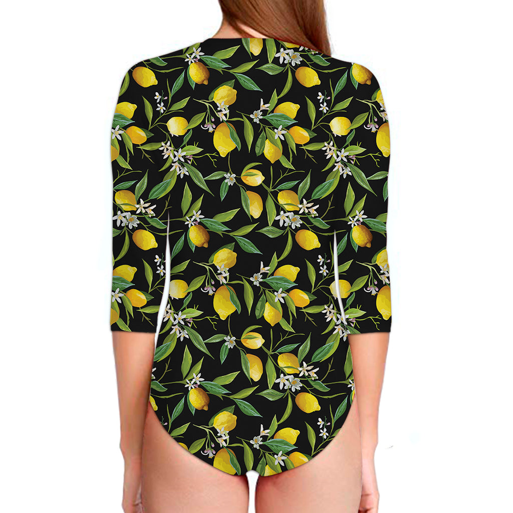 Lemon And Flower Pattern Print Long Sleeve Swimsuit