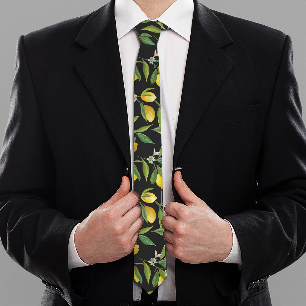 Lemon And Flower Pattern Print Necktie
