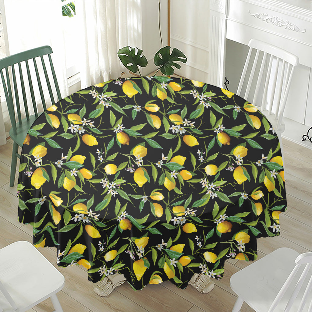 Lemon And Flower Pattern Print Waterproof Round Tablecloth
