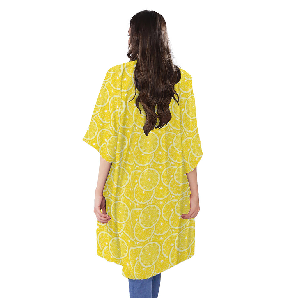 Lemon Slices Pattern Print Open Front Beach Cover Up