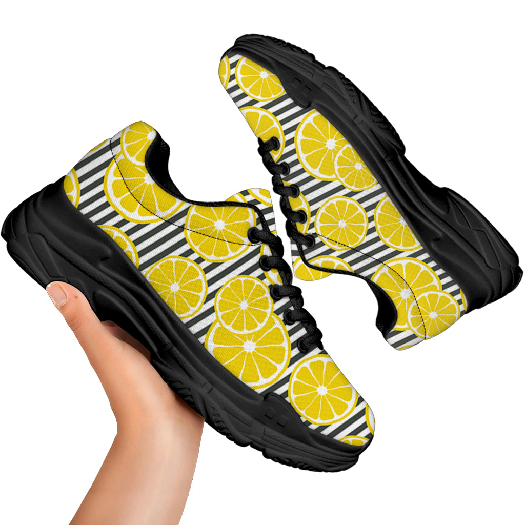 Lemon Striped Pattern Print Black Chunky Shoes