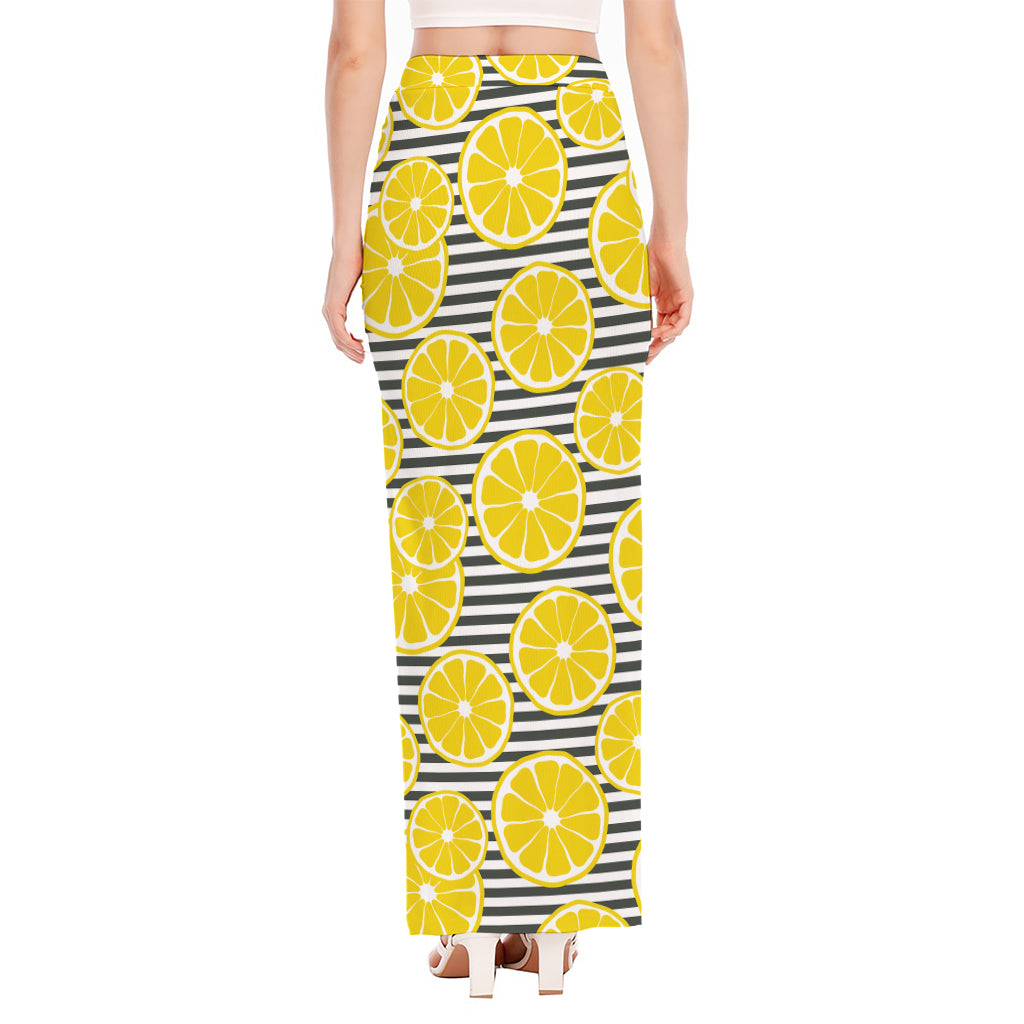 Lemon Striped Pattern Print High Slit Maxi Skirt