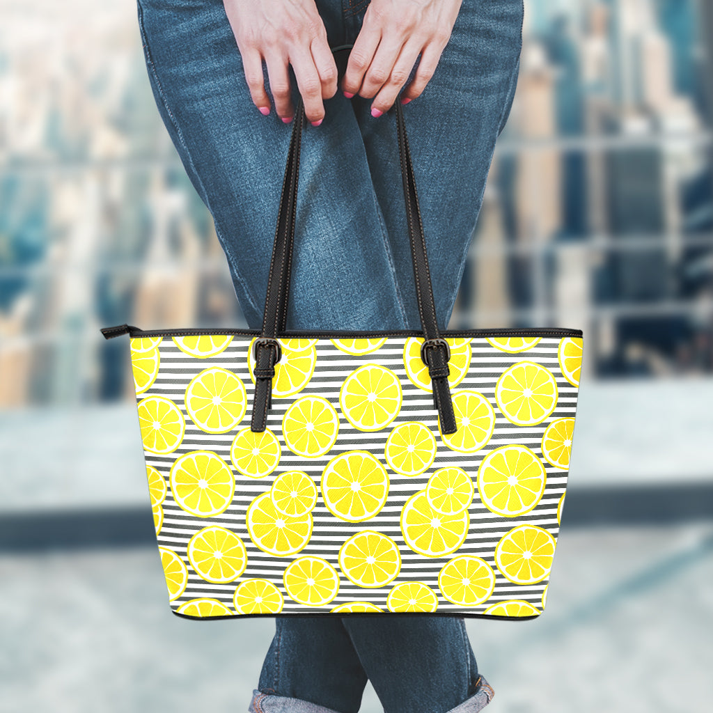 Lemon Striped Pattern Print Leather Tote Bag