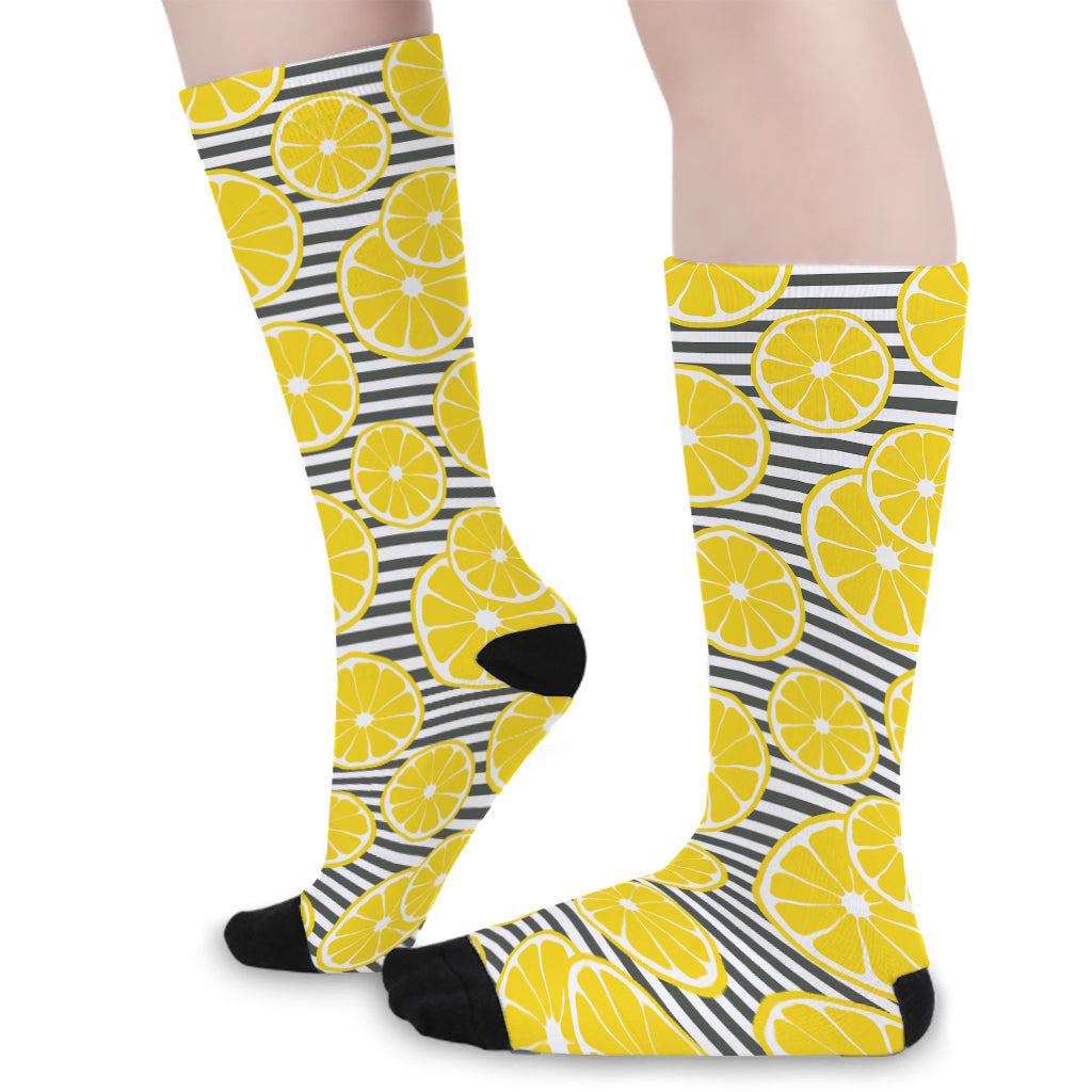 Lemon Striped Pattern Print Long Socks