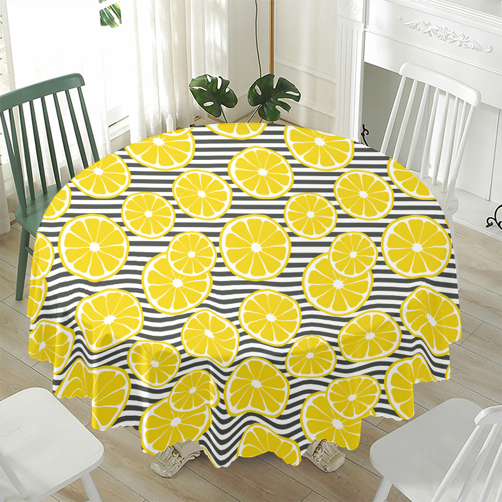 Lemon Striped Pattern Print Waterproof Round Tablecloth