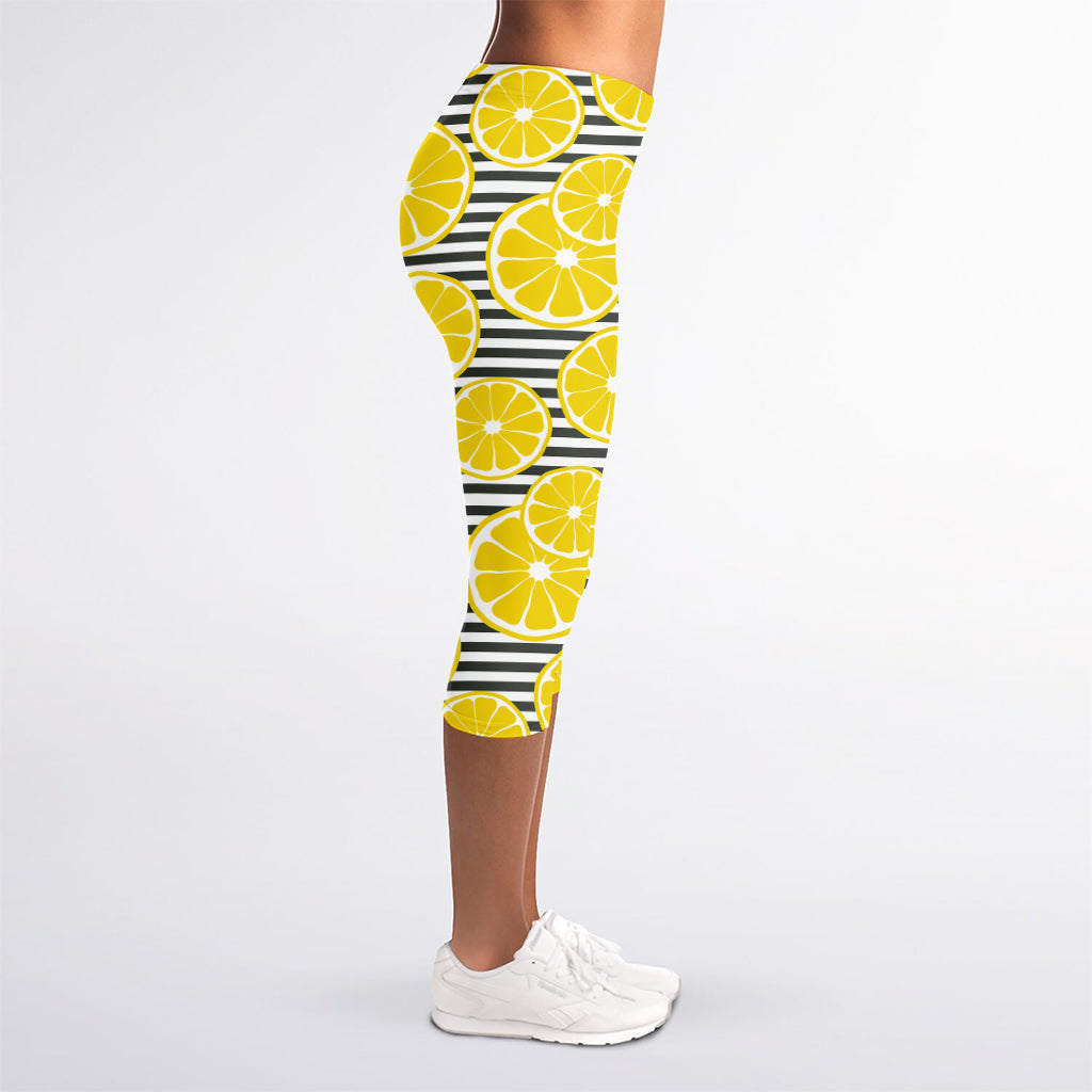 Lemon Striped Pattern Print Women's Capri Leggings