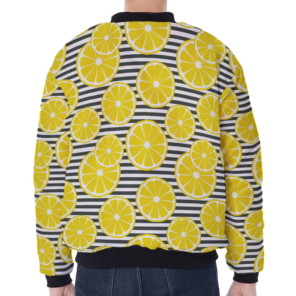 Lemon Striped Pattern Print Zip Sleeve Bomber Jacket