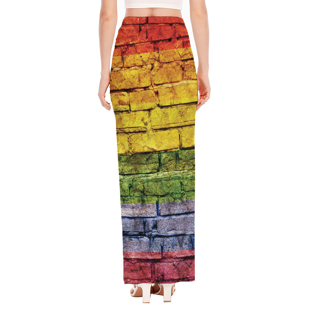 LGBT Pride Rainbow Brick Wall Print High Slit Maxi Skirt