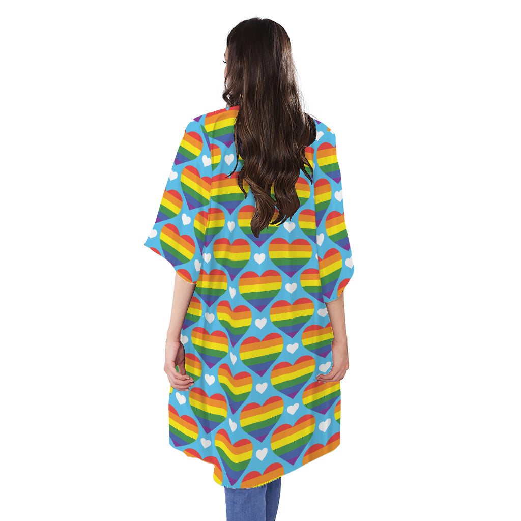 LGBT Pride Rainbow Heart Pattern Print Open Front Beach Cover Up