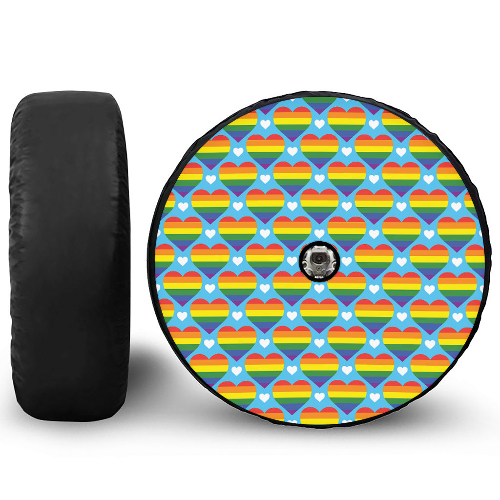 LGBT Pride Rainbow Heart Pattern Print Tire Cover With Camera Hole
