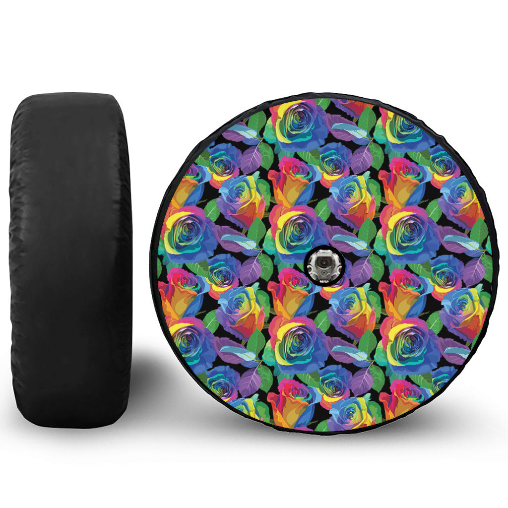 LGBT Pride Rainbow Roses Pattern Print Tire Cover With Camera Hole