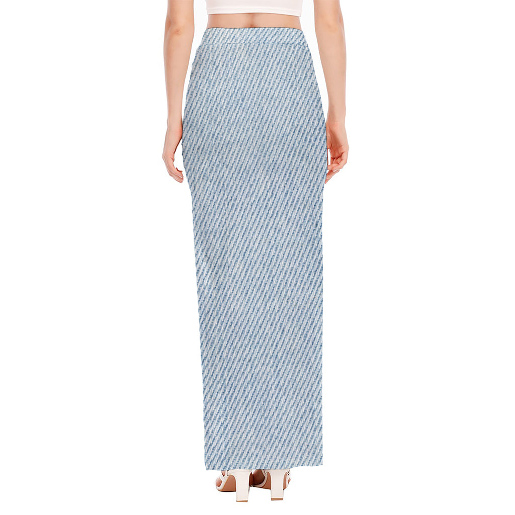 Light Blue Denim Jeans Print High Slit Maxi Skirt