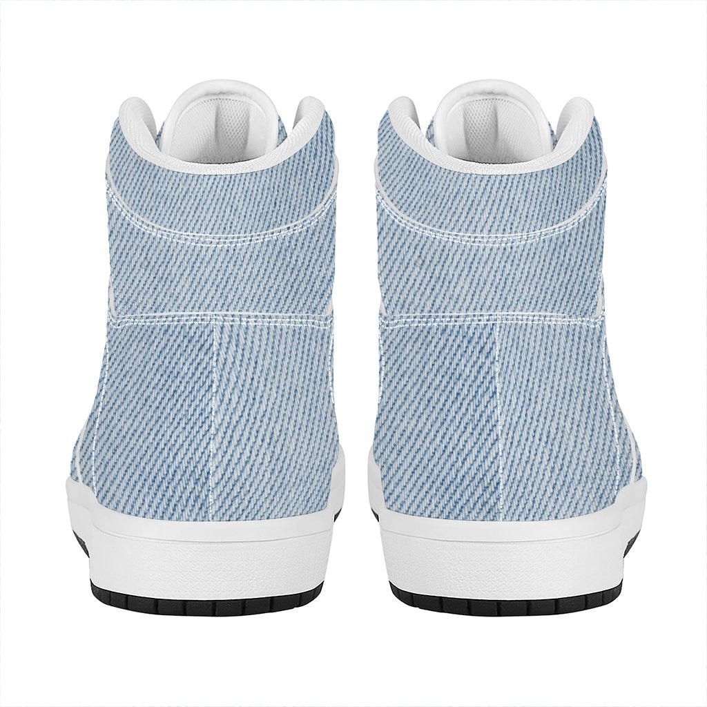 Light Blue Denim Jeans Print High Top Leather Sneakers