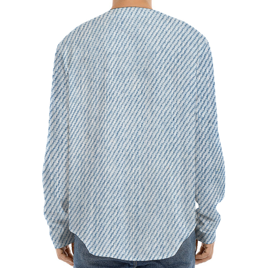 Light Blue Denim Jeans Print Long Sleeve Baseball Jersey