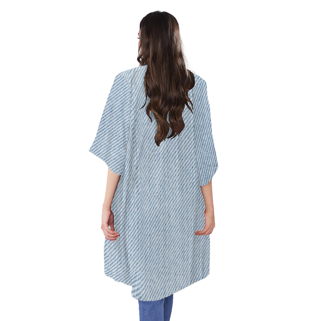 Light Blue Denim Jeans Print Open Front Beach Cover Up