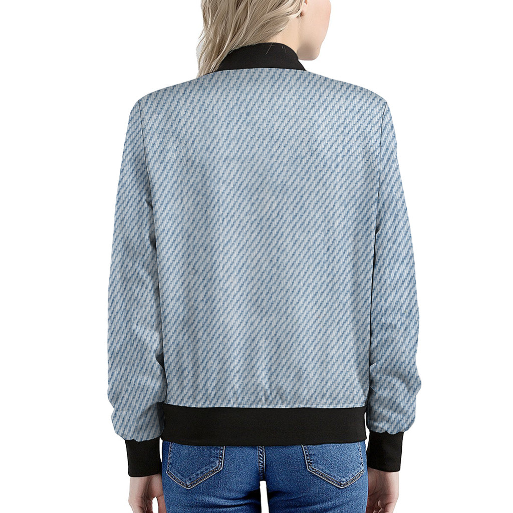 Light Blue Denim Jeans Print Women's Bomber Jacket