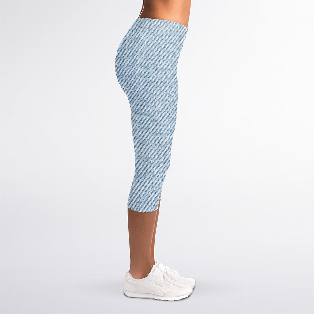 Light Blue Denim Jeans Print Women's Capri Leggings
