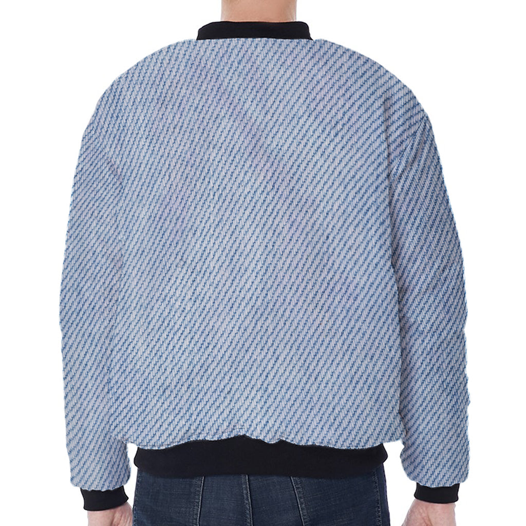 Light Blue Denim Jeans Print Zip Sleeve Bomber Jacket