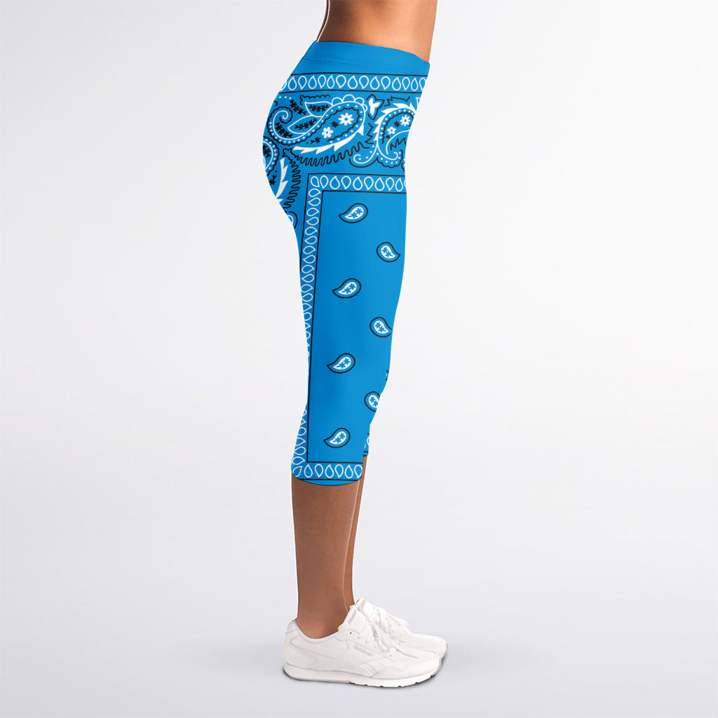 Light Blue Paisley Bandana Print Women's Capri Leggings