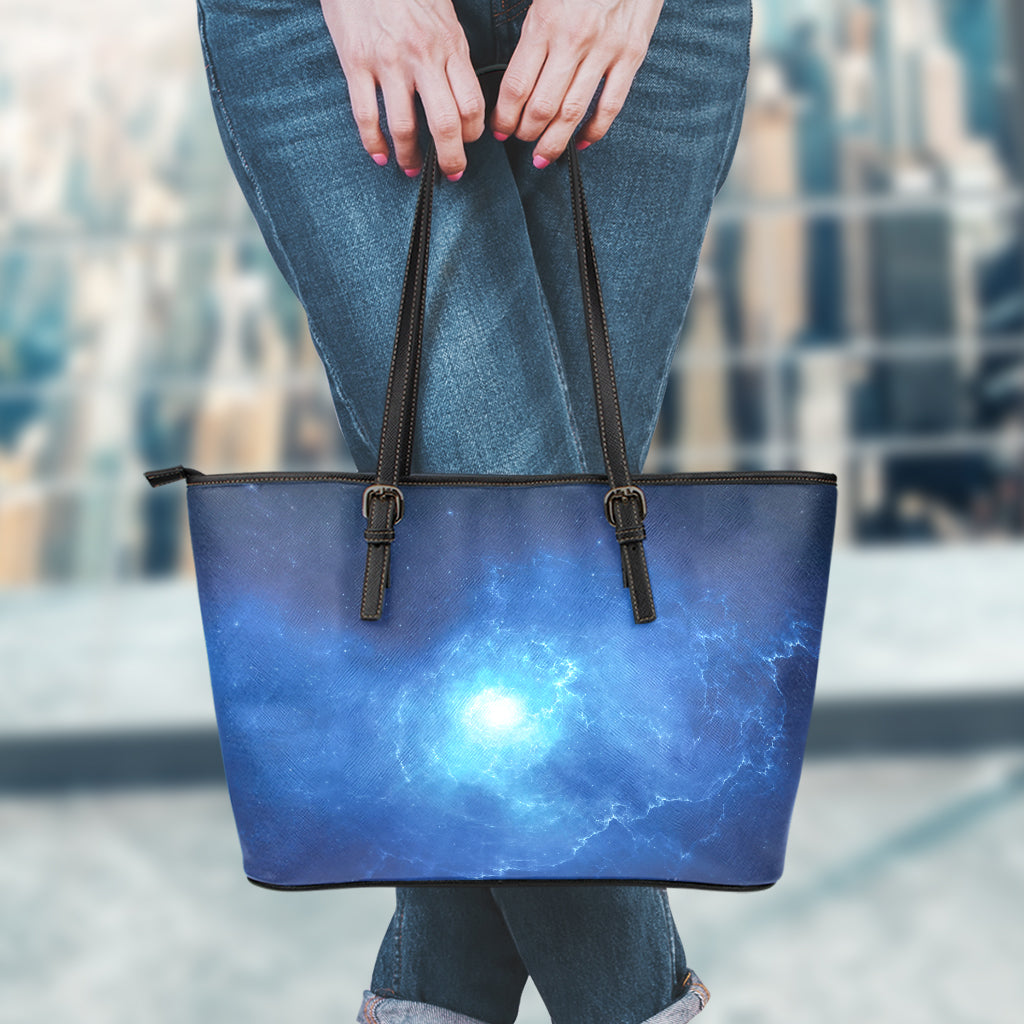 Light Blue Space Print Leather Tote Bag