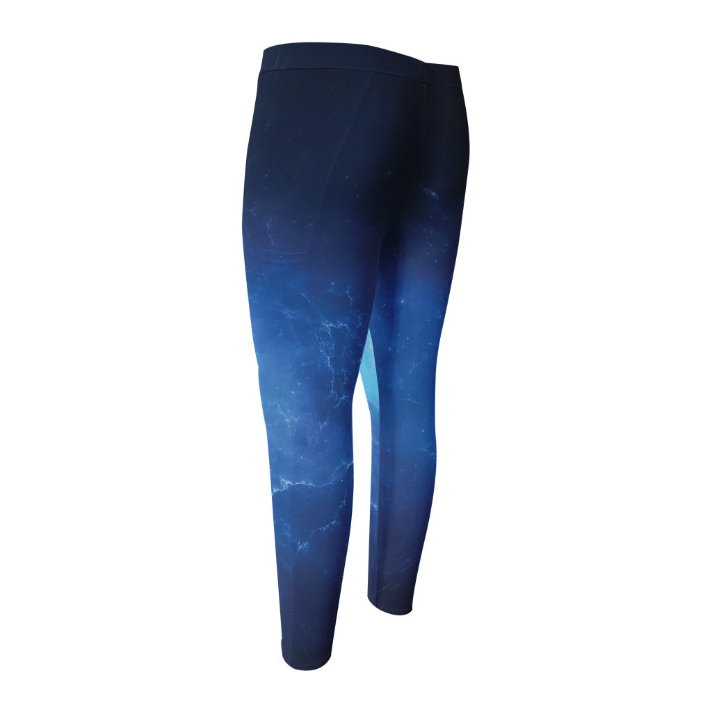 Light Blue Space Print Men's Compression Pants