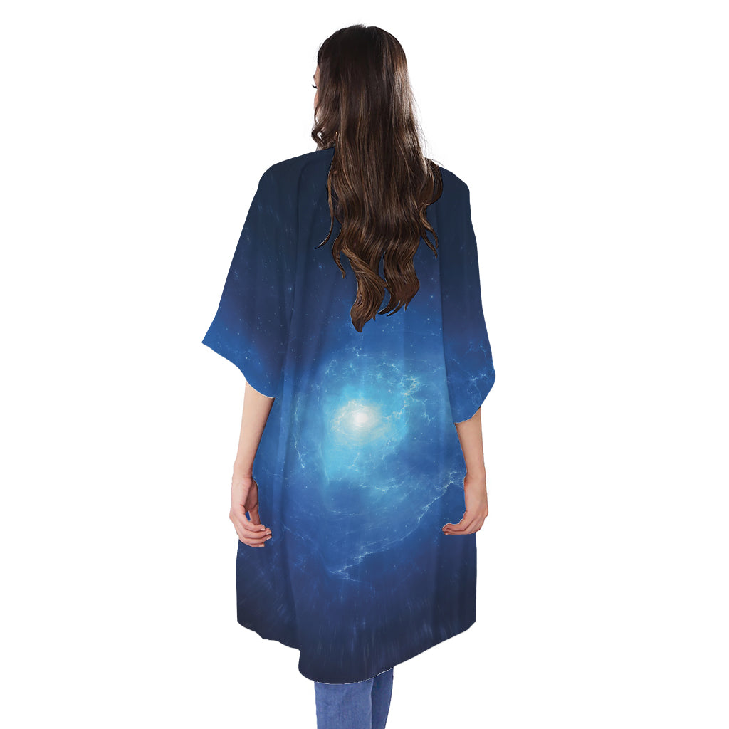 Light Blue Space Print Open Front Beach Cover Up