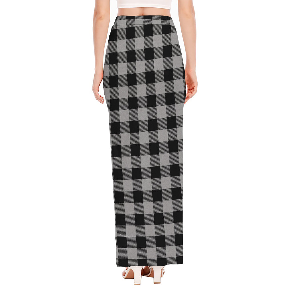 Light Grey And Black Buffalo Check Print High Slit Maxi Skirt