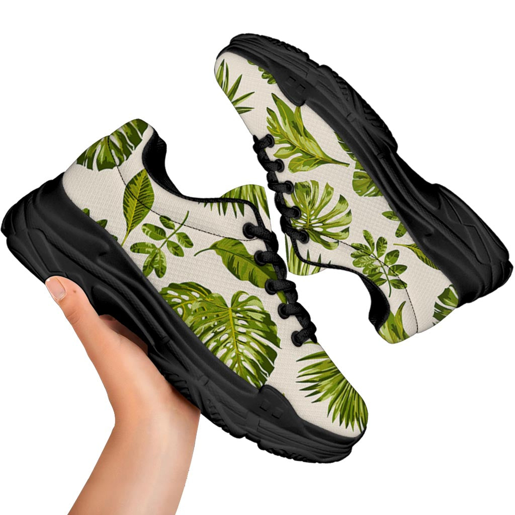 Light Tropical Leaf Pattern Print Black Chunky Shoes