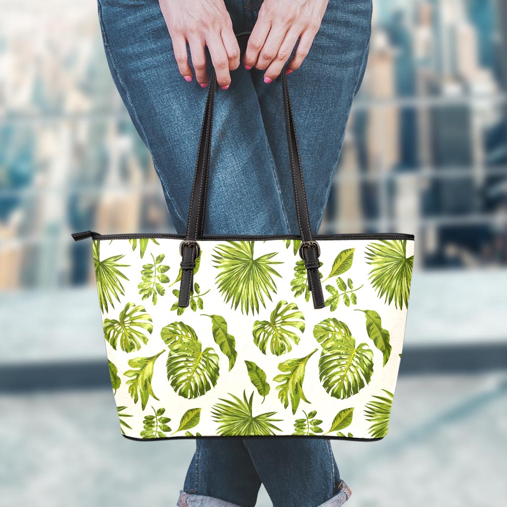 Light Tropical Leaf Pattern Print Leather Tote Bag