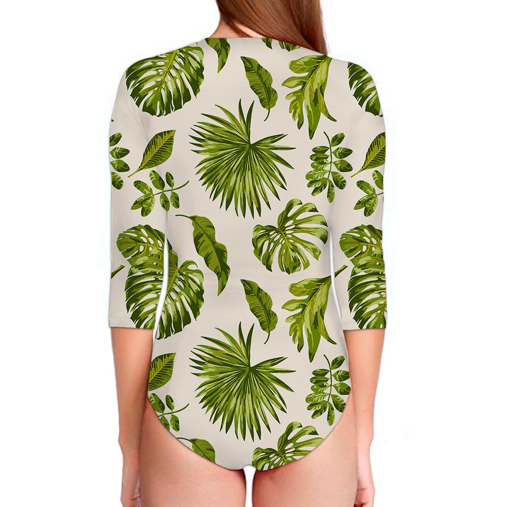Light Tropical Leaf Pattern Print Long Sleeve Swimsuit