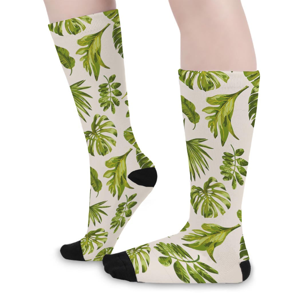 Light Tropical Leaf Pattern Print Long Socks