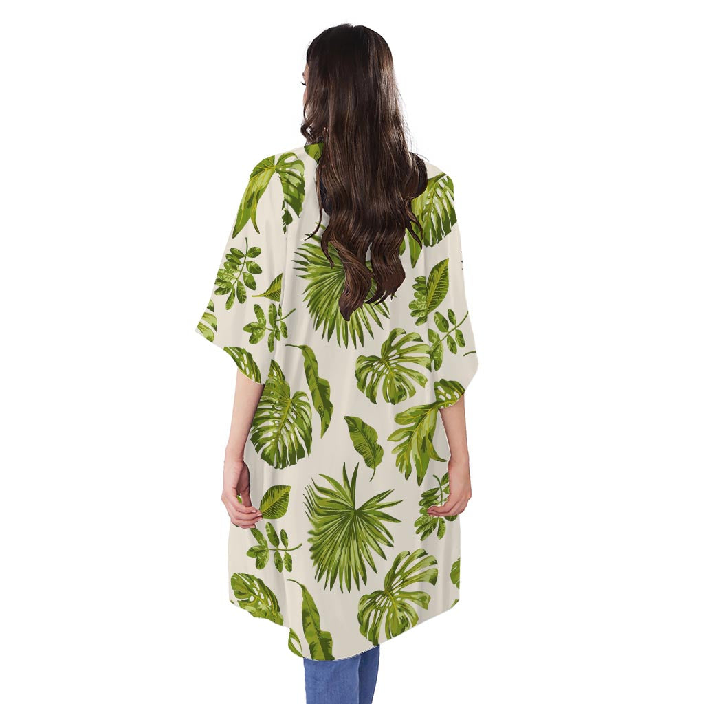 Light Tropical Leaf Pattern Print Open Front Beach Cover Up