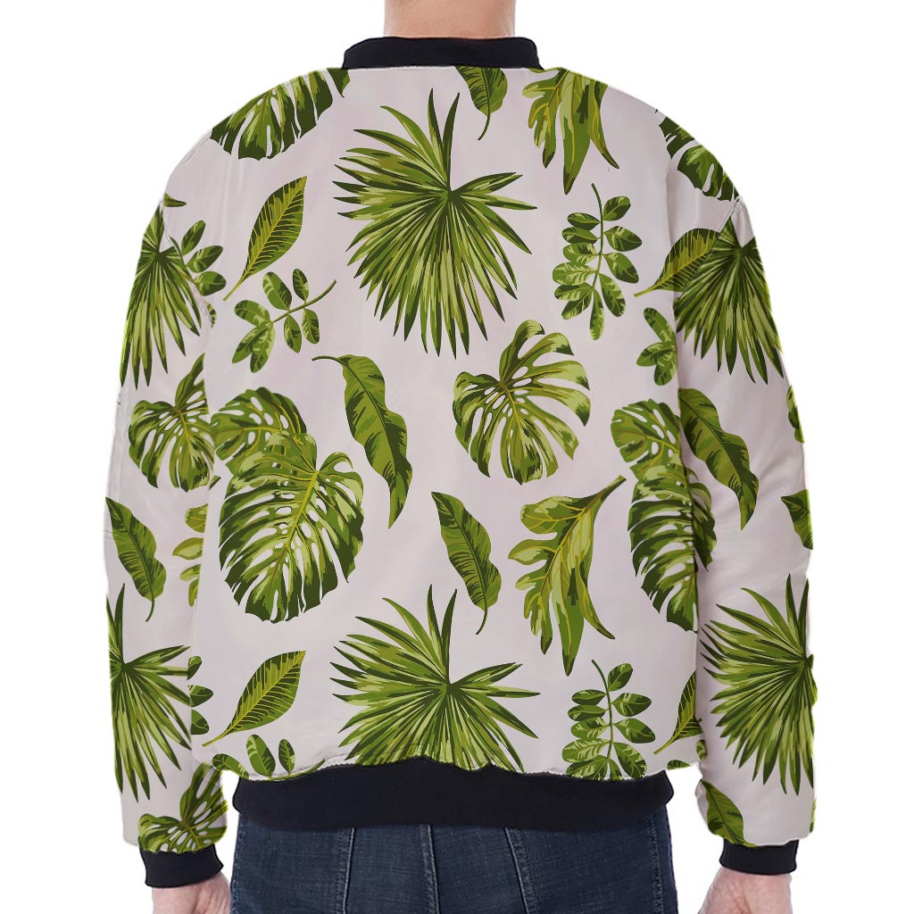 Light Tropical Leaf Pattern Print Zip Sleeve Bomber Jacket