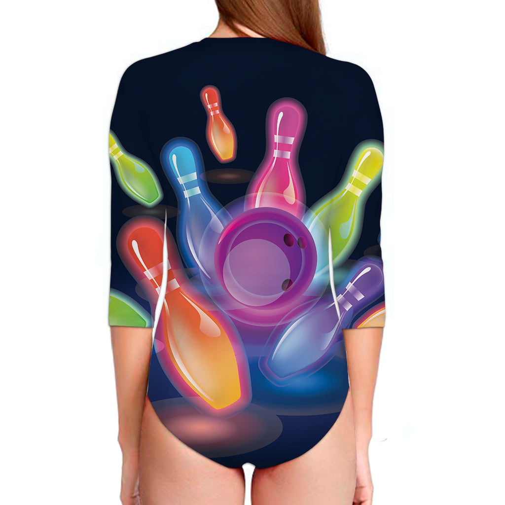 Light Up Bowling Pins Print Long Sleeve Swimsuit
