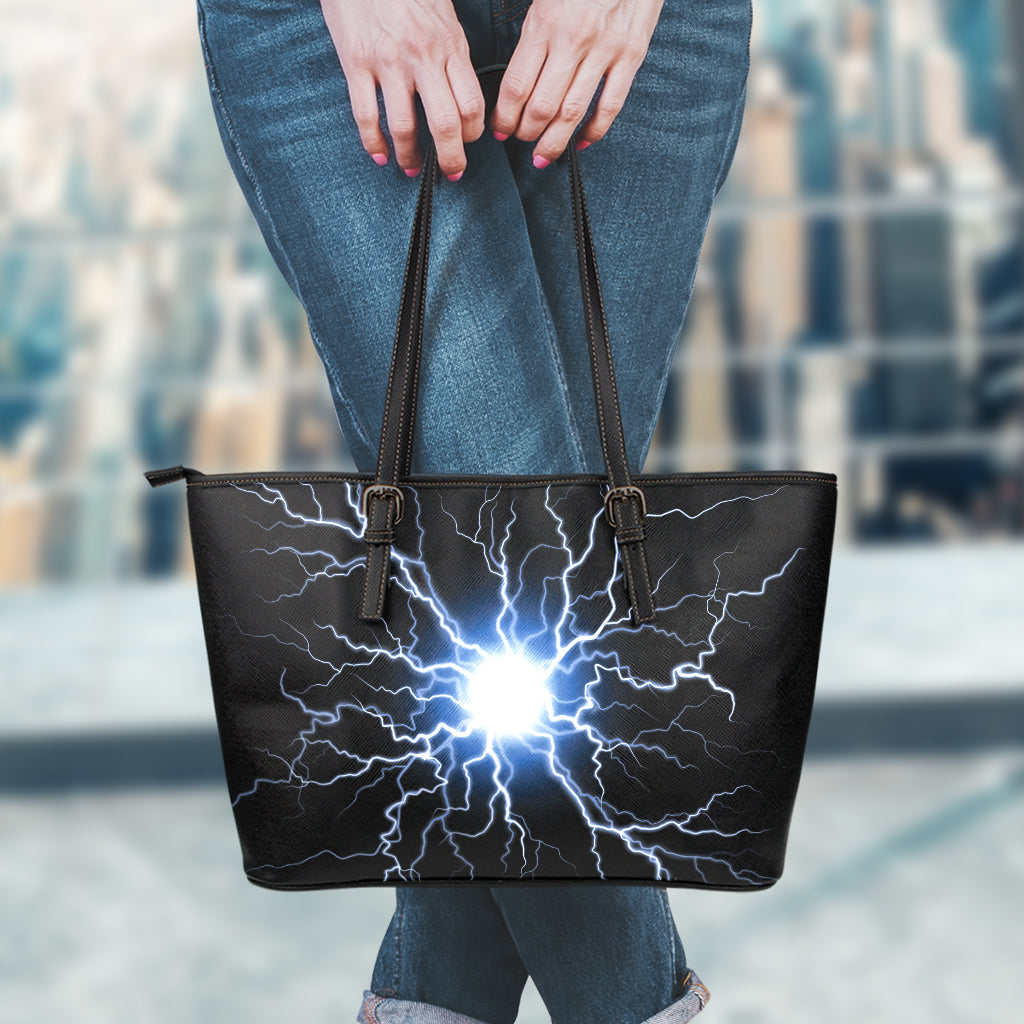 Lightning Spark Print Leather Tote Bag