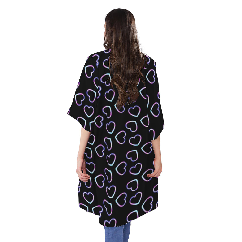 Lights Heart Pattern Print Open Front Beach Cover Up