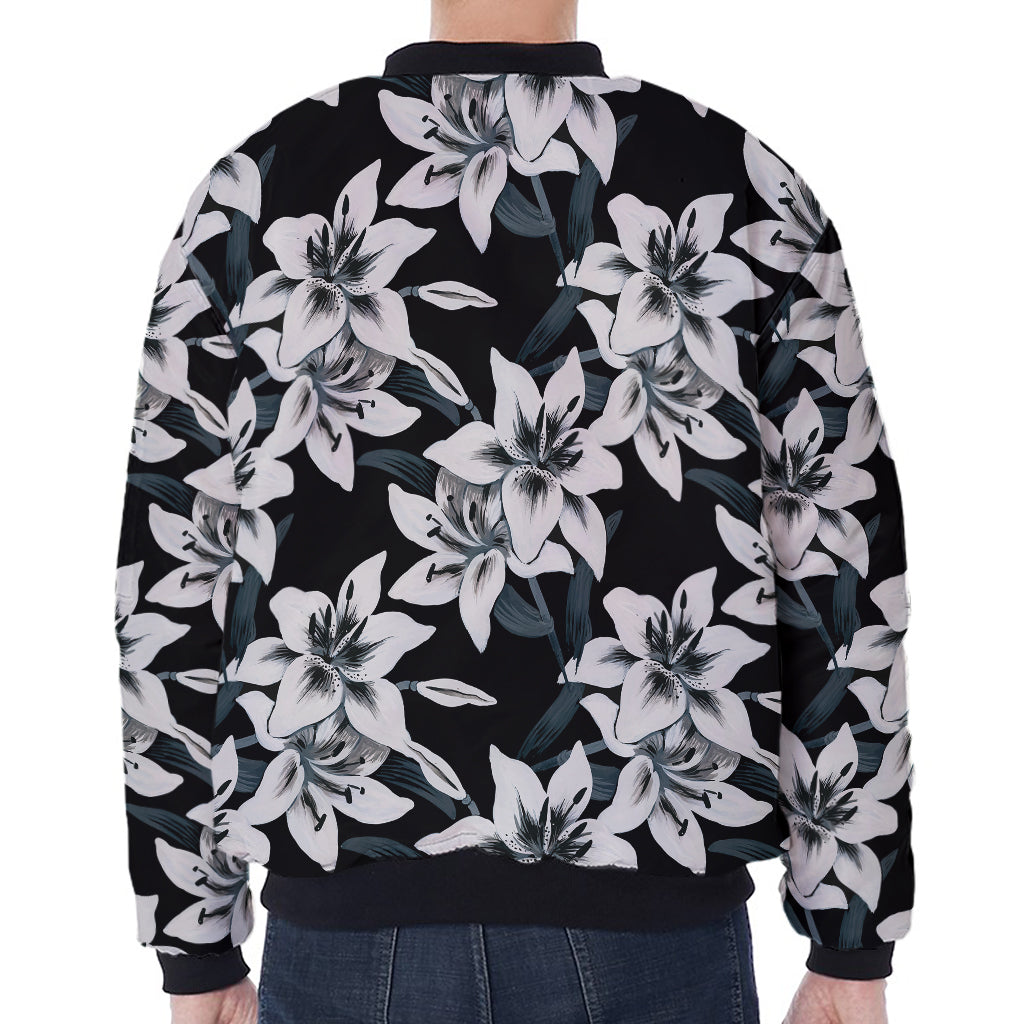 Lily Floral Pattern Print Zip Sleeve Bomber Jacket
