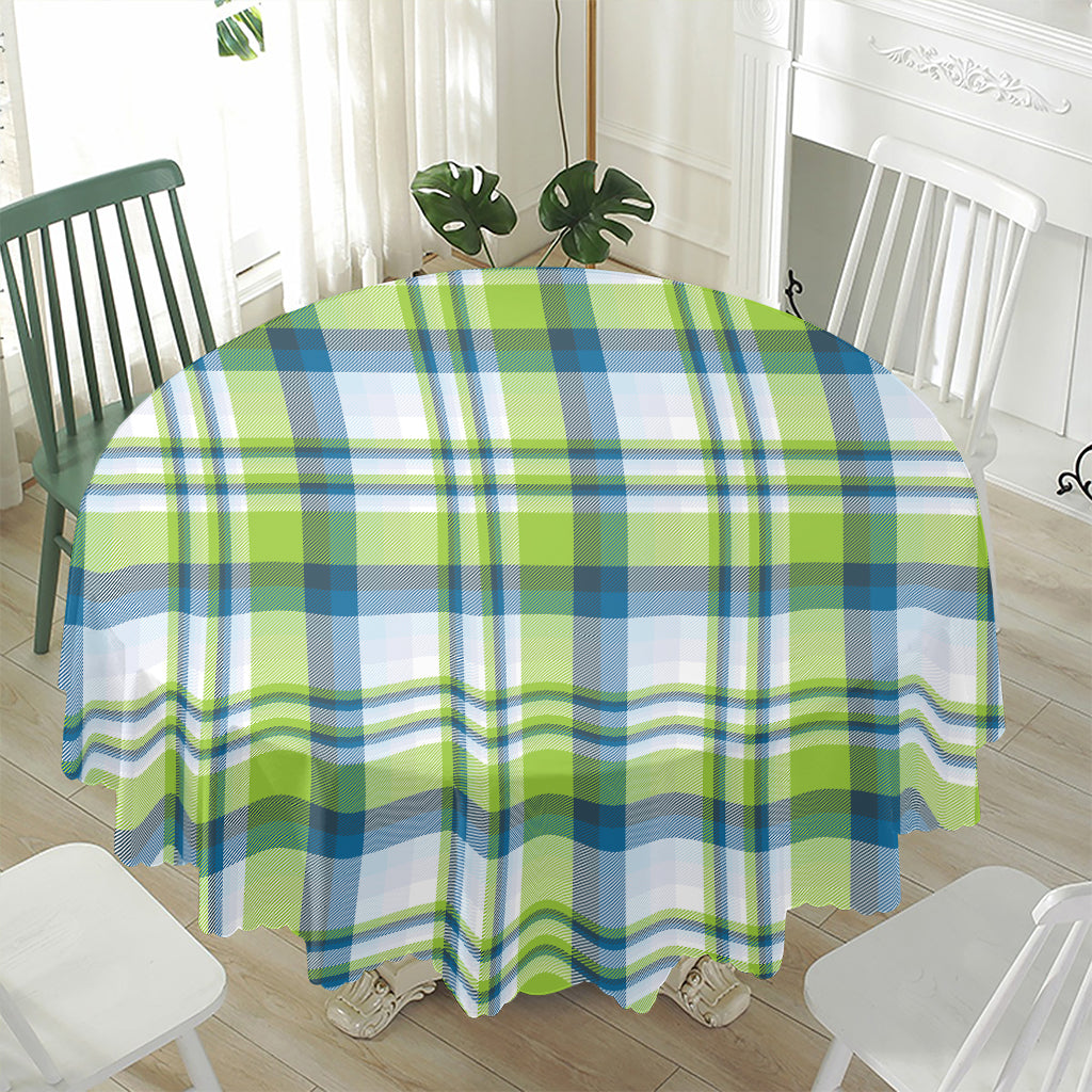 Lime And Blue Madras Plaid Print Waterproof Round Tablecloth