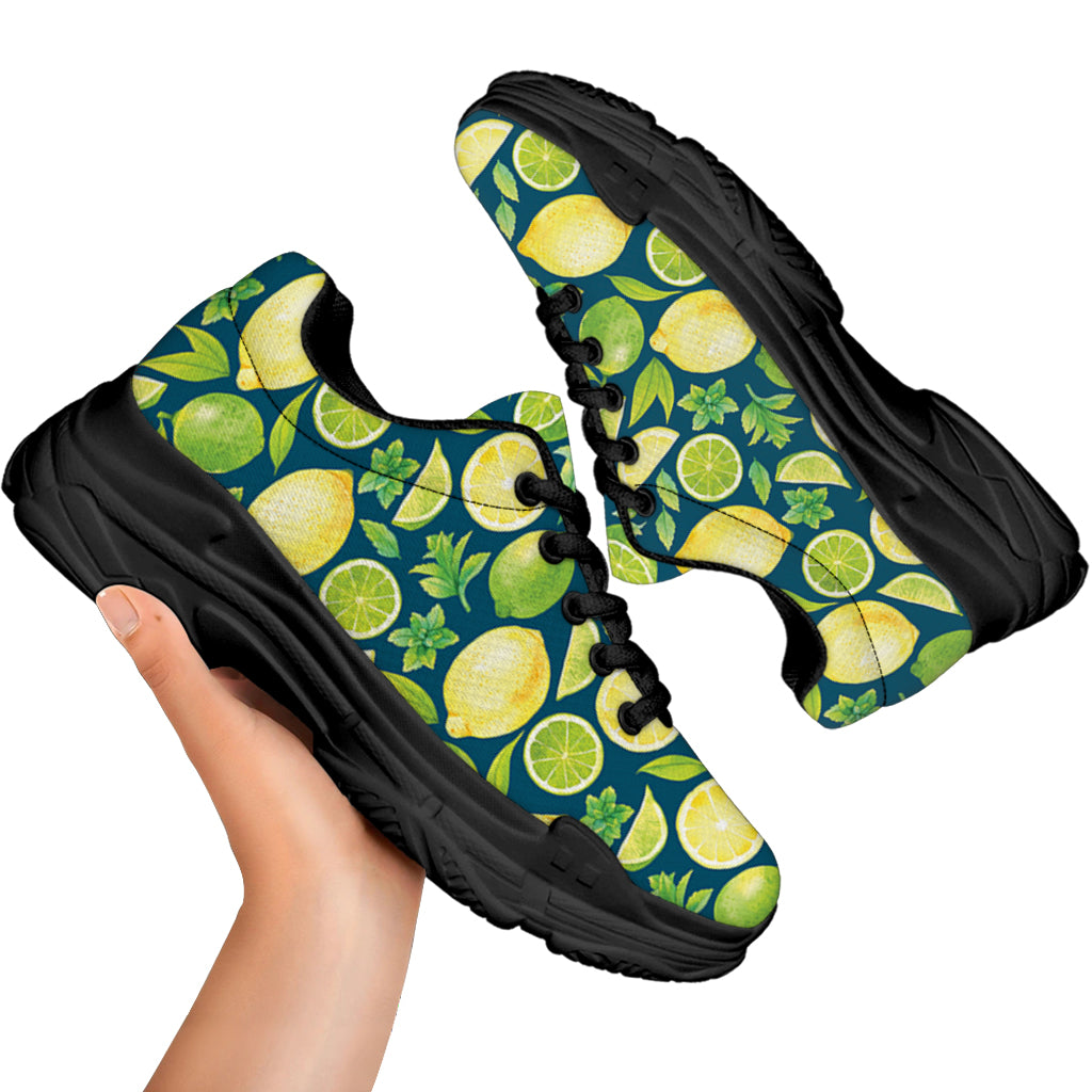Lime And Lemon Pattern Print Black Chunky Shoes