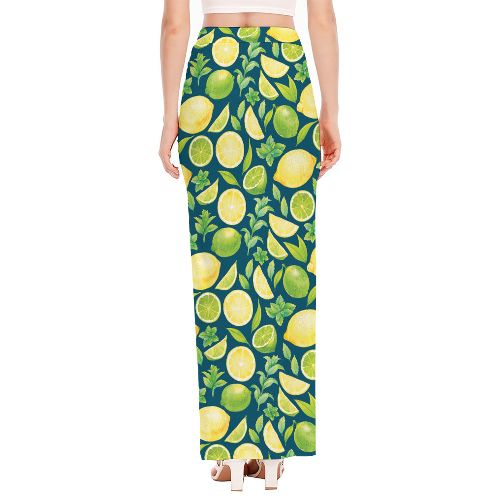 Lime And Lemon Pattern Print High Slit Maxi Skirt