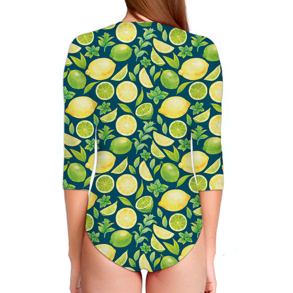 Lime And Lemon Pattern Print Long Sleeve Swimsuit