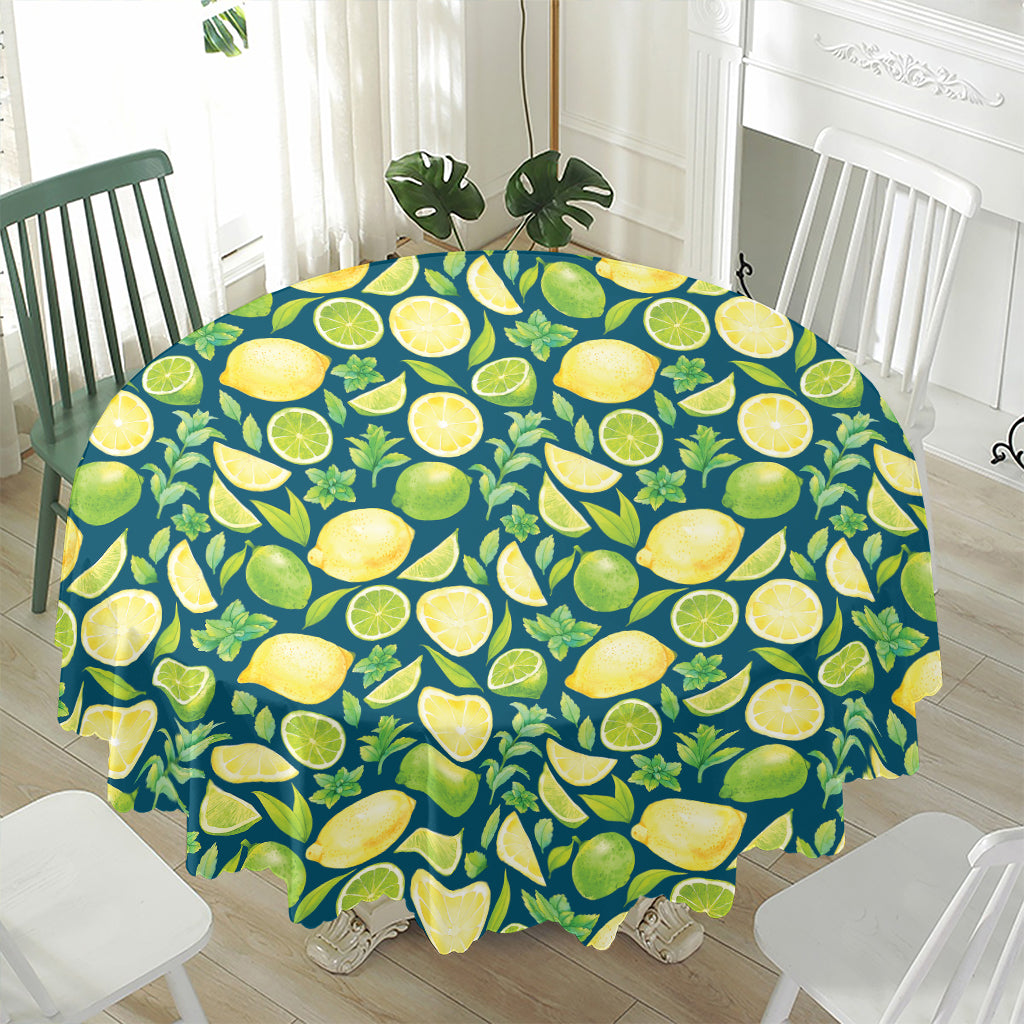 Lime And Lemon Pattern Print Waterproof Round Tablecloth