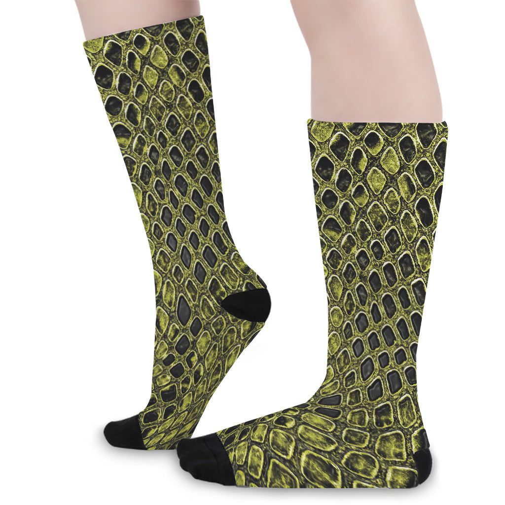 Lime Green And Black Snakeskin Print Long Socks