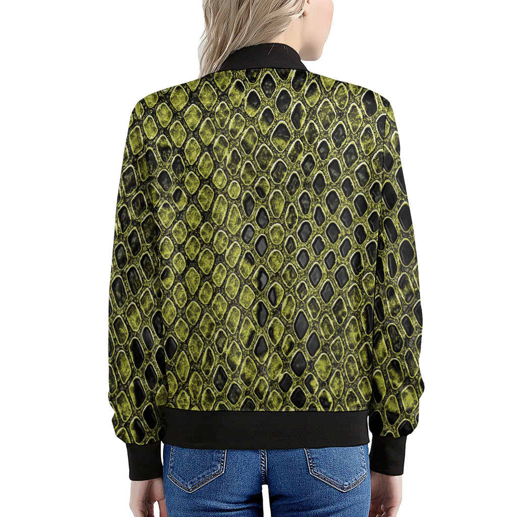 Lime Green And Black Snakeskin Print Women's Bomber Jacket