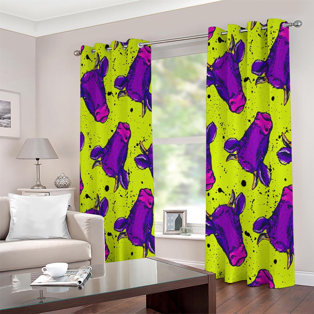 Lime Green And Purple Cow Pattern Print Extra Wide Grommet Curtains