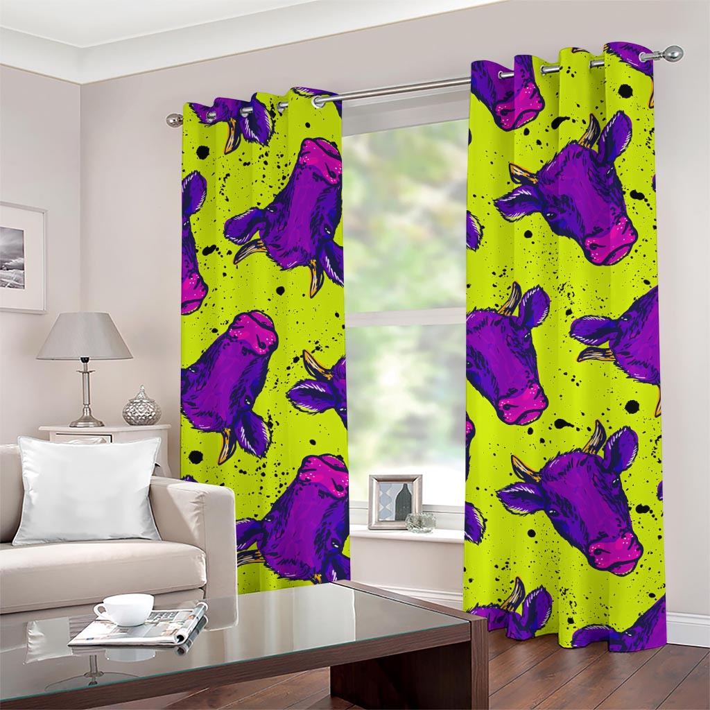 Lime Green And Purple Cow Pattern Print Grommet Curtains