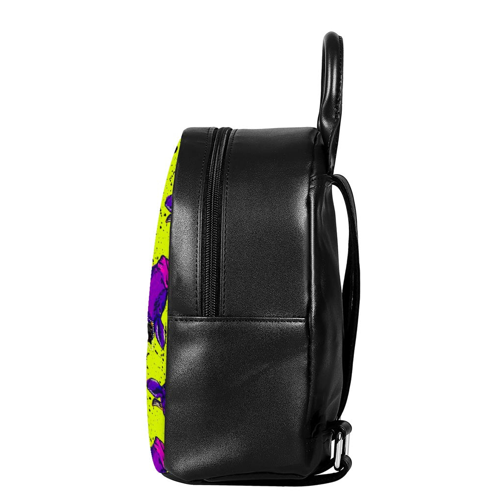 Lime Green And Purple Cow Pattern Print Leather Backpack